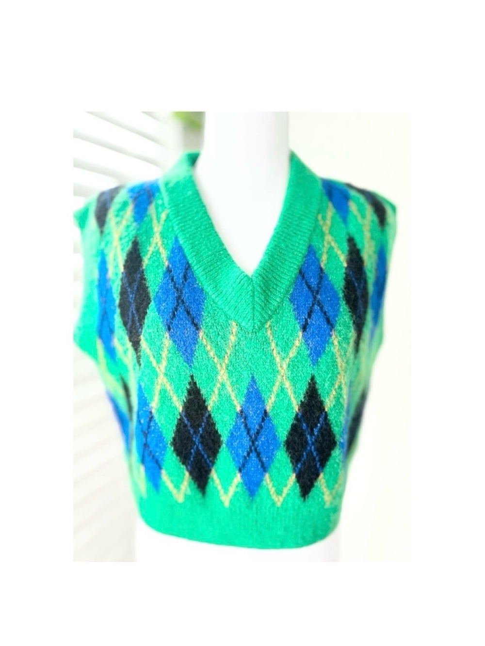 Zara Bright Green Argyle V-Neck Sweater Vest with Blue and Black Diamonds